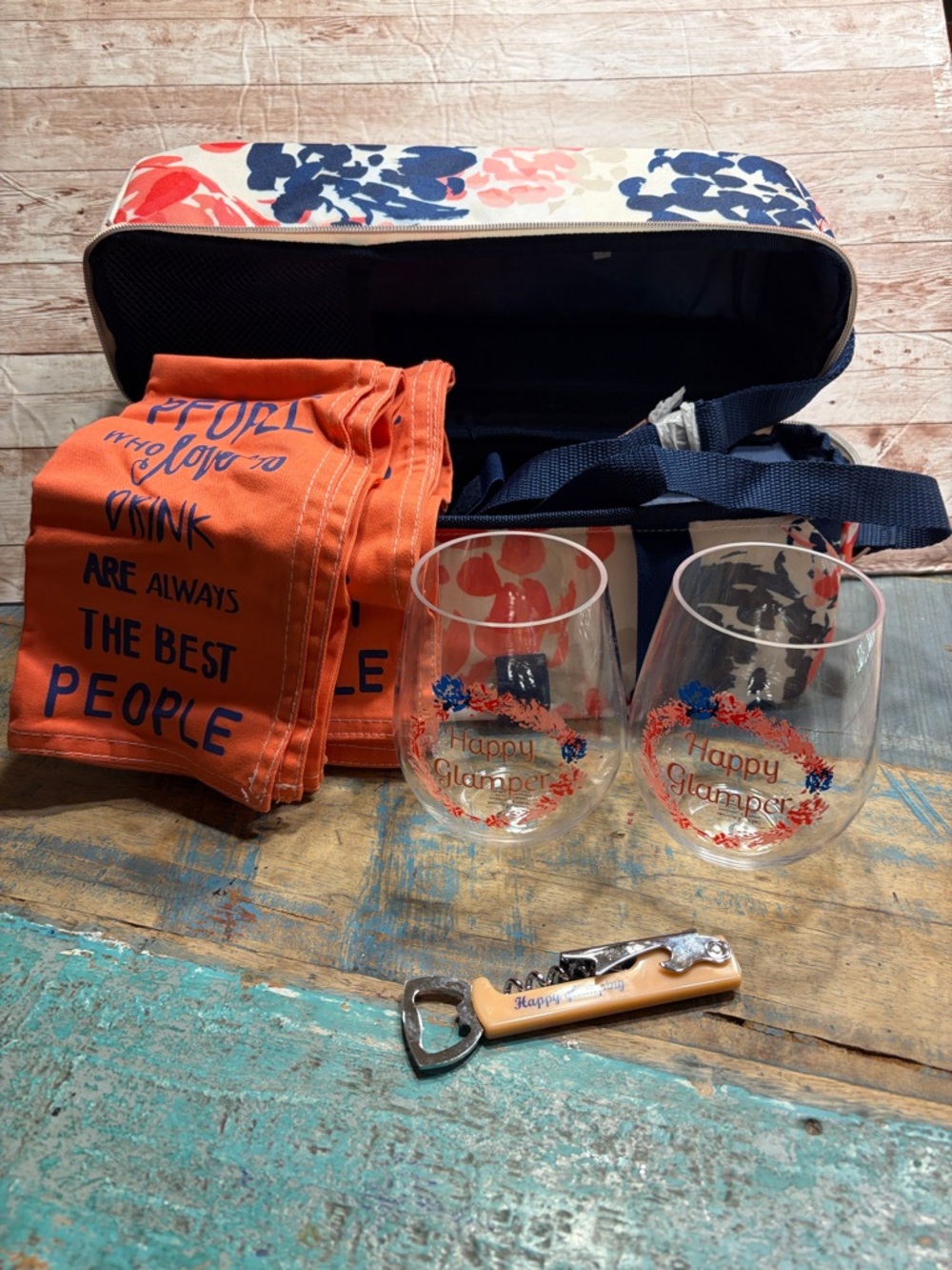 Happy Glamper Picnic Set with Floral Cooler, Glasses & Orange Napkins